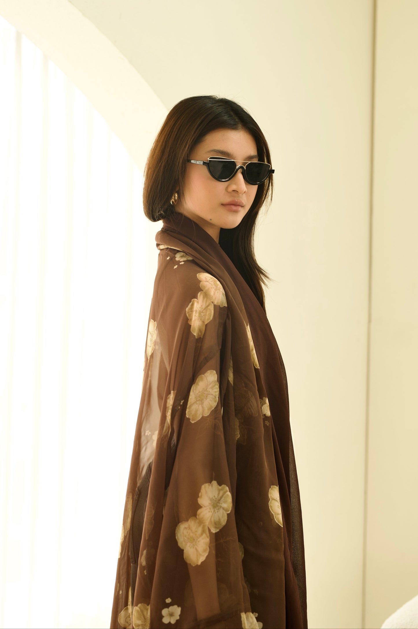 Sahara Brown Floral Open Abaya Set