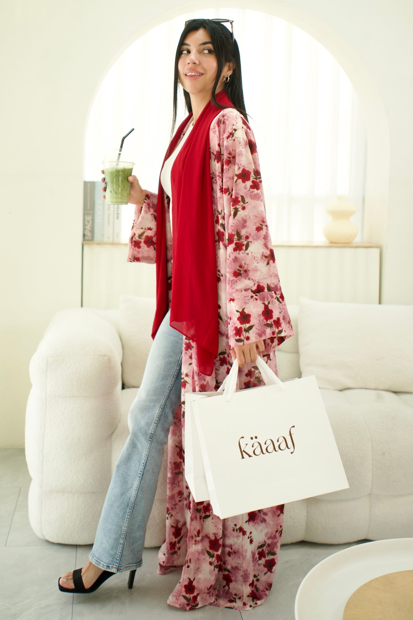Reeh Red Floral Printed Abaya