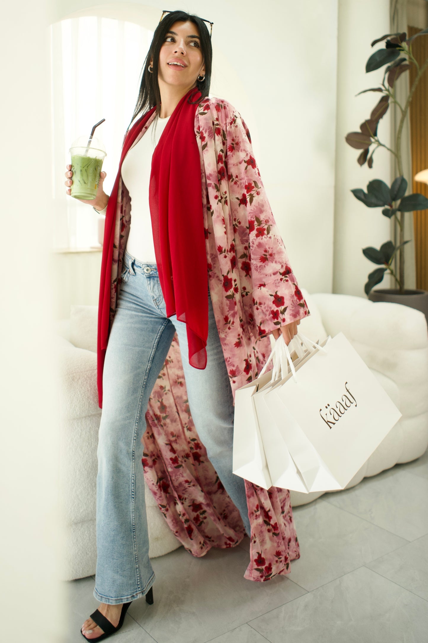 Reeh Red Floral Printed Abaya