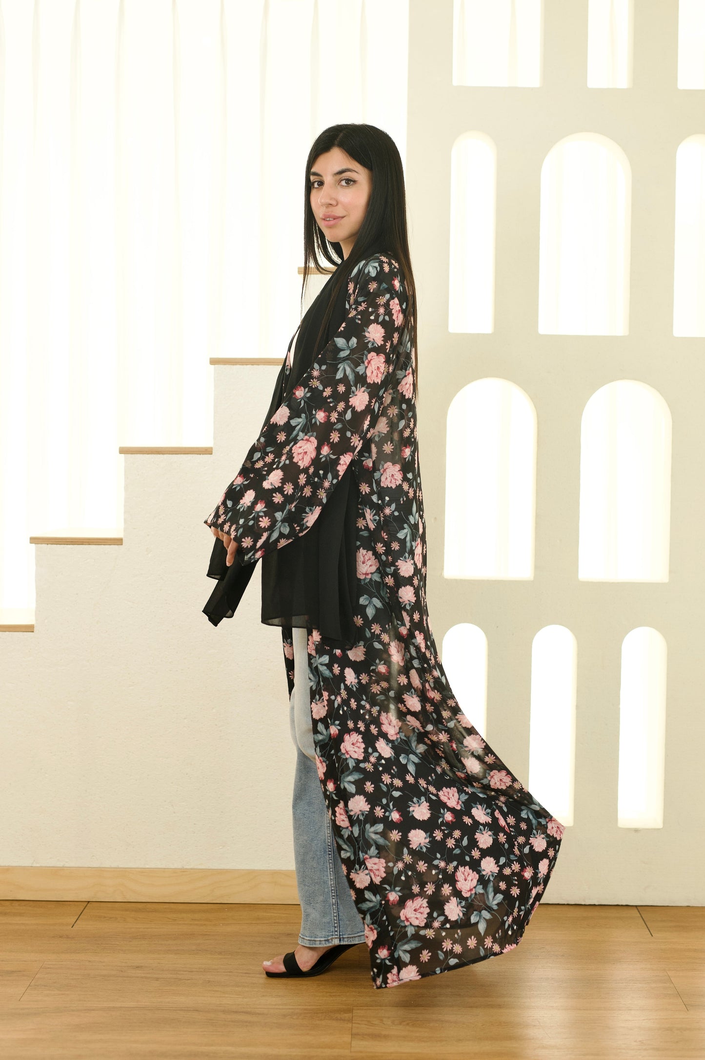 Leena Black Floral Printed Abaya