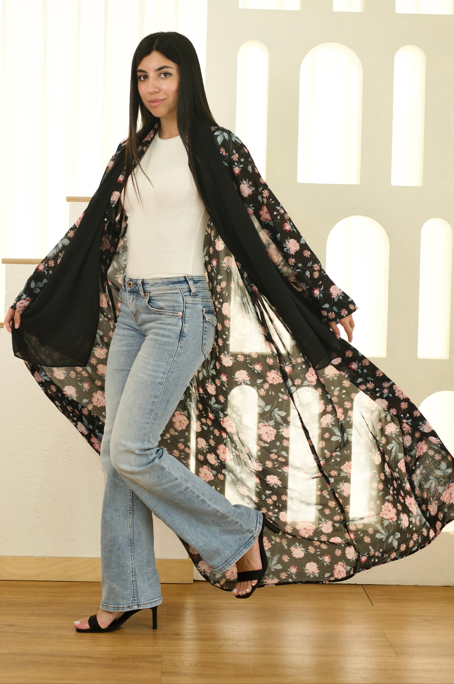 Leena Black Floral Printed Abaya