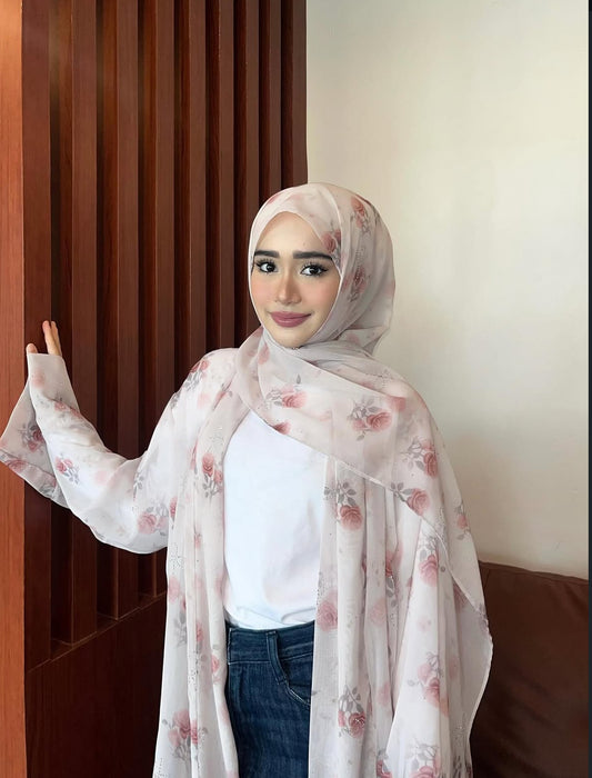 Amirah Pink Rose Printed Abaya