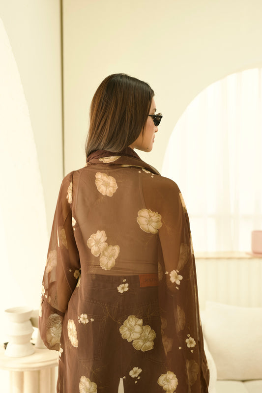 Sahara Brown Floral Open Abaya Set