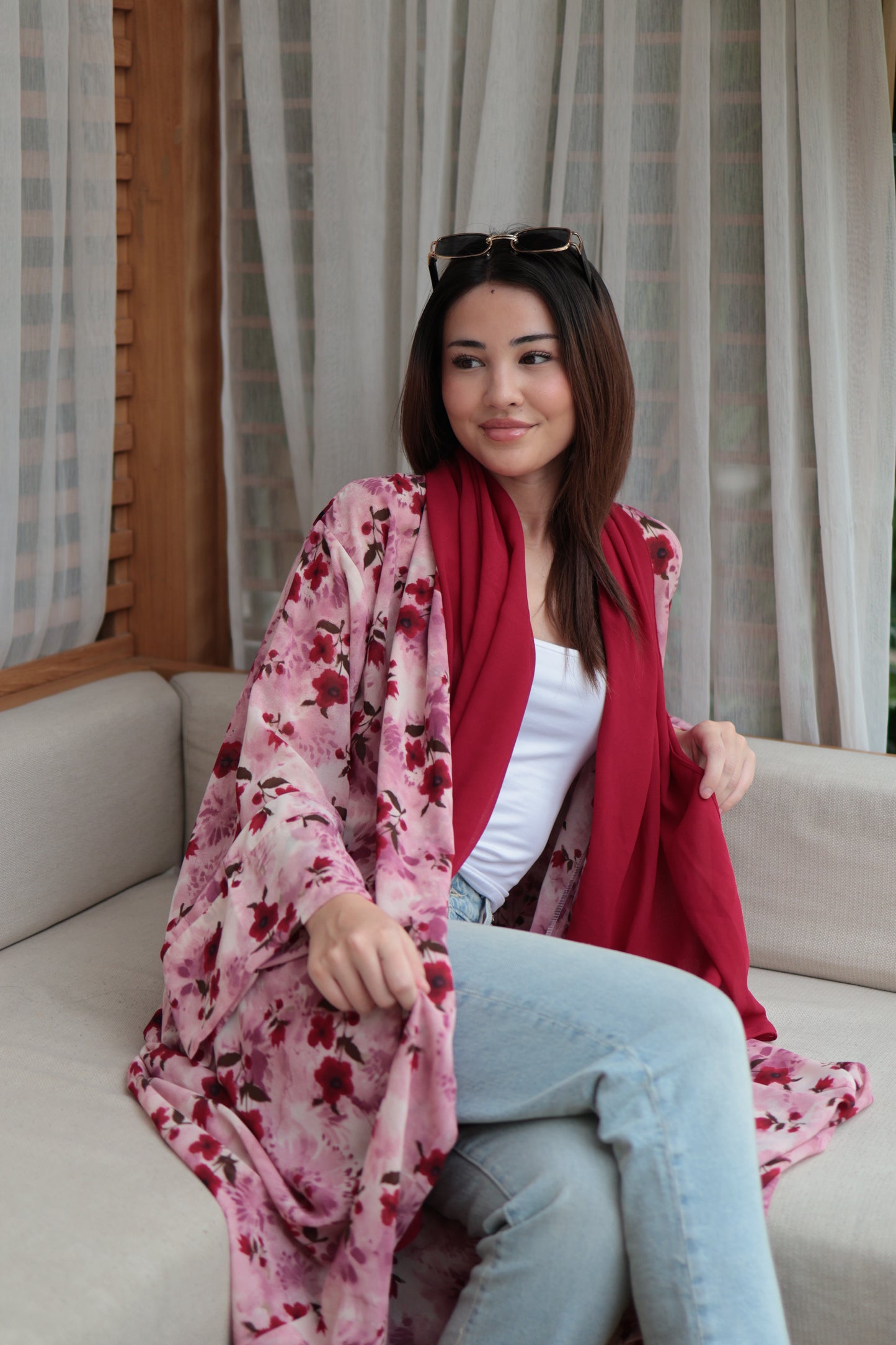 Reeh Red Floral Printed Abaya
