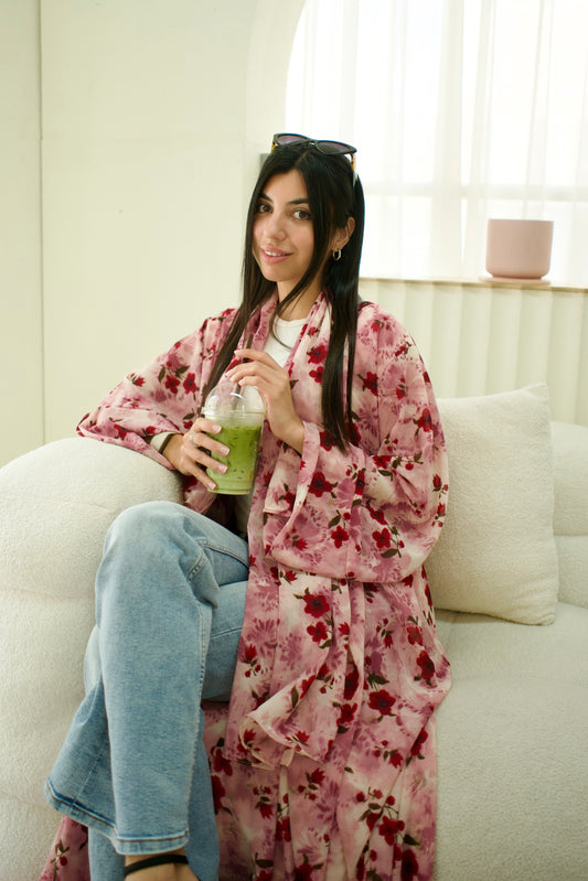 Reeh Red Floral Printed Abaya